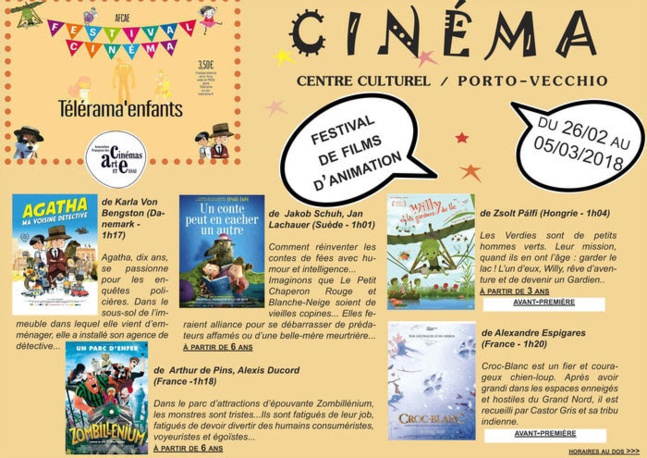 Le Ciné-goûter "Un conte peut en cacher un autre" initialement prévu le mercredi 28 Février à la Cinémathèque est annulé en raison de sa projection lors du festival de films d'animation au Centre Culturel de Porto-Vecchio du 26/02 au 5/03/2018.