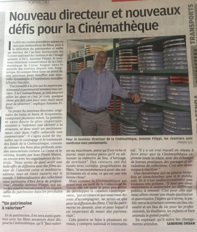 "Nouveau Directeur et nouveaux défis pour la Cinémathèque"- Article de Sandrine Ordan paru le 9 juillet 2019 dans le Corse Matin. 