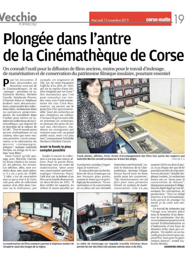 "Plongée dans l'antre de la Cinémathèque de Corse"- Article de Sandrine Ordan paru le 13 novembre 2019 dans le Corse Matin.