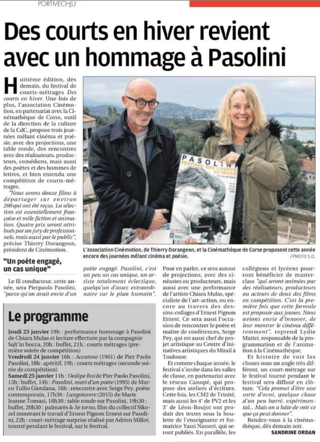 "Des courts en hiver revient avec un hommage à Pasolini"-Article de Sandrine Ordan paru le 22 janvier 2020 dans le Corse Matin.