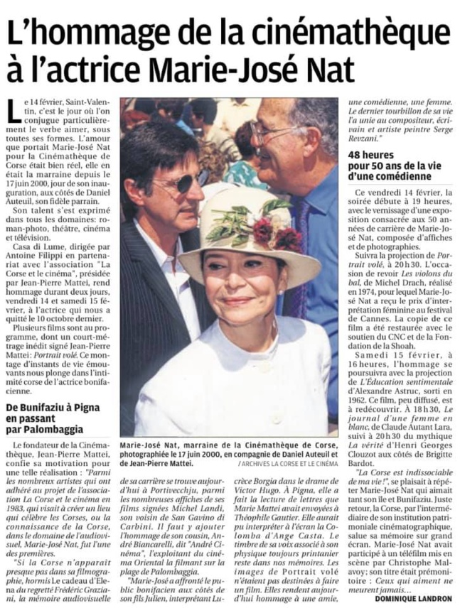 "L'hommage de la Cinémathèque à l'actrice Marie-José Nat."  Article de Dominique Landron paru le 12 février 2020 sur le Corse Matin.