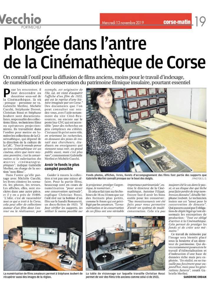 "Plongée dans l'antre de la Cinémathèque de Corse"- Article de Sandrine Ordan paru le 13 novembre 2019 dans le Corse Matin.