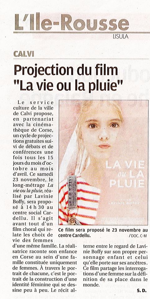 "Projection du film LA VIE OU LA PLUIE à Calvi  le 23 novembre à 14h30" article paru sur le Corse Matin le 20 novembre 2019.