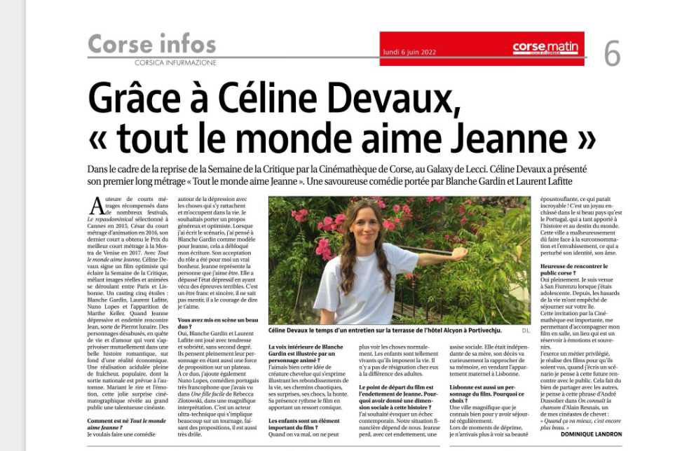 Article de Dominique Landron publié dans le Corse Matin du 6 juin 2022. Grâce à Céline Devaux "tout le monde aime Jeanne"