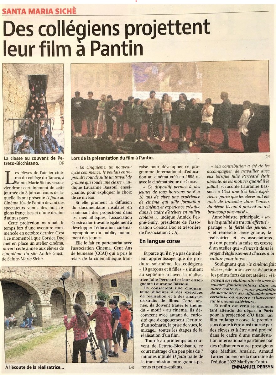 Des collégiens projettent leur film à Pantin. Article d'Emmanuel Persin publié dans le Corse Matin du 12 juin.